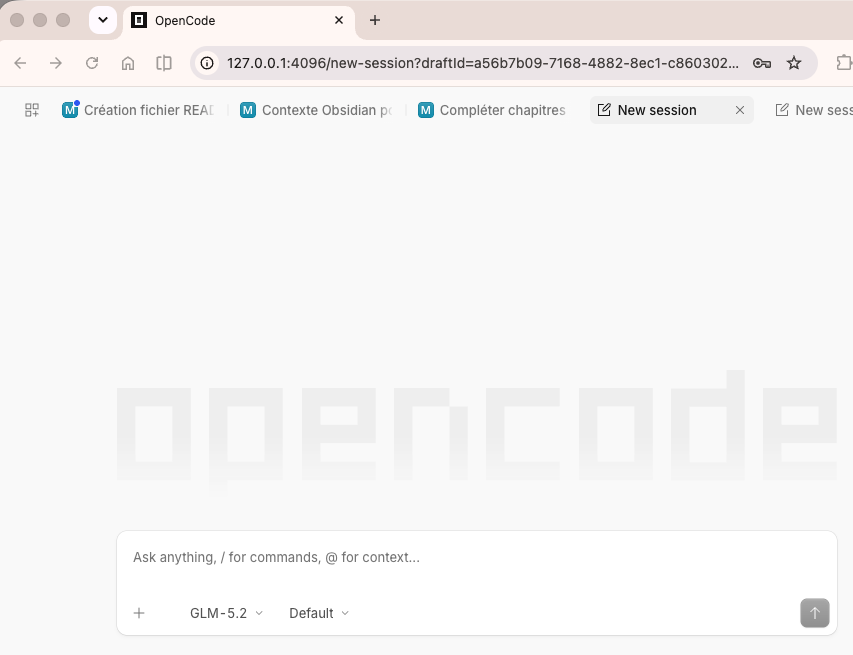 Interface web d'opencode ouverte via le tunnel SSH sur 127.0.0.1:4096